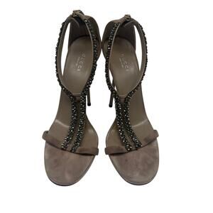 Gucci Suede Crystal Embellishments Naomi T-Strap Sandals Gray Women's Size 38.5
